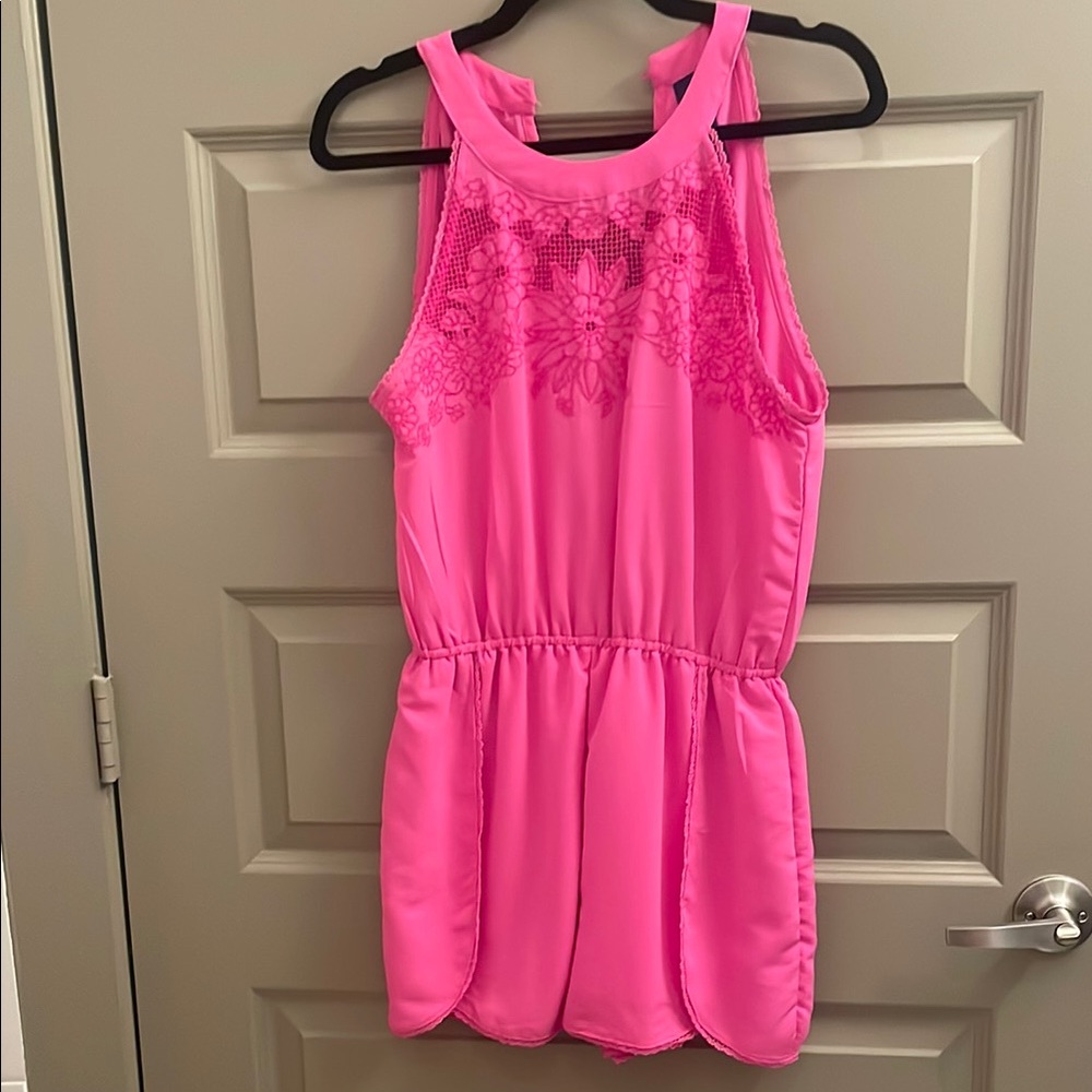 Blue Rain Pink Sleeveless Romper with Floral Embellishments